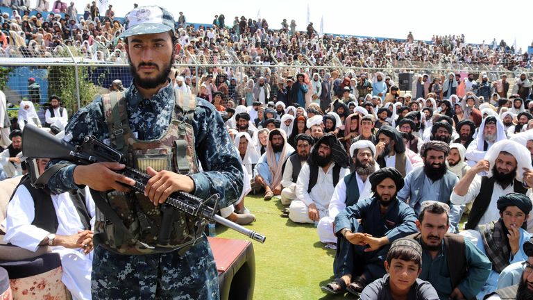 Supporters of Taliban gather to listen to Haji Mohammad Yousaf, the Taliban's governor for Kandahar province. pic: EPA-EFE/Shutterstock 