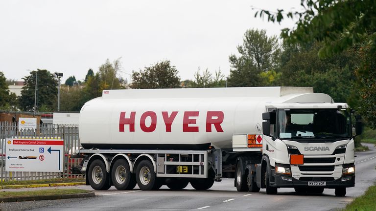 A fuel tanker departs a Shell oil depot in Kingsbury, Warwickshire 
