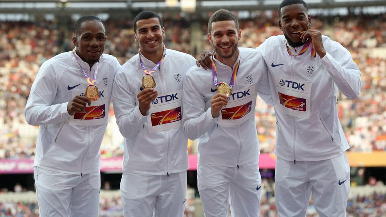 Ujah alongside Adam Gemili, Adam Talbot and Nethaneel Mitchell Blake at the IAAF World Championships in 2017. Pic: PA