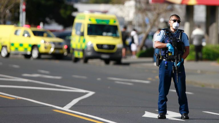 A police officer stands outside an Auckland supermarket -   New Zealand authorities said Friday they shot and killed a violent extremist after he entered a supermarket and stabbed and injured several shoppers. Prime Minister Jacinda Ardern described the incident as a terror attack. 
PIC:New Zealand Herald/AP
