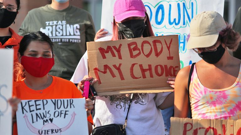 Abortion rights supporters gather to protest Texas SB 8 in front of Edinburg City Hall on Wednesday, Sept. 1, 2021, in Edinburg, Texas.