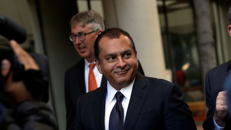 Former Theranos President and COO Ramesh "Sunny" Balwani smiles after a hearing at a federal court in San Jose. Pic: Reuters
