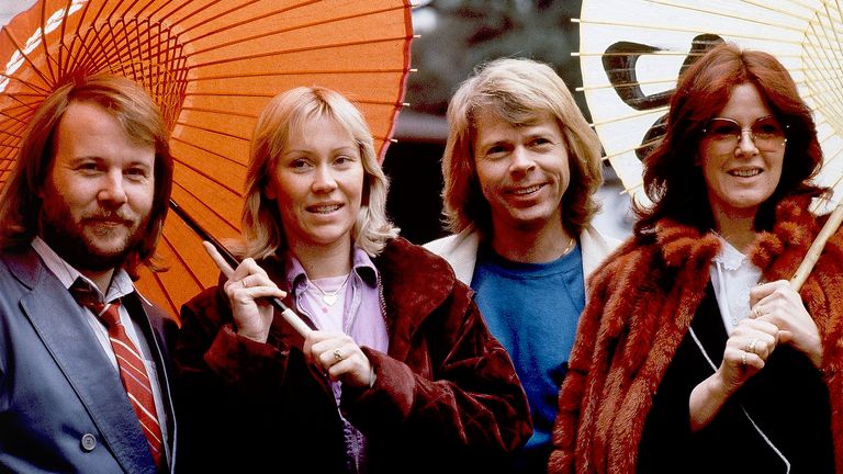 FILE - Members of the pop group ABBA, from left, Benny Andersson, Agnetha Foltskog, Bjorn Ulvaeus and Anni-Frid Lyngstad, appear in Tokyo on March 14, 1980. 