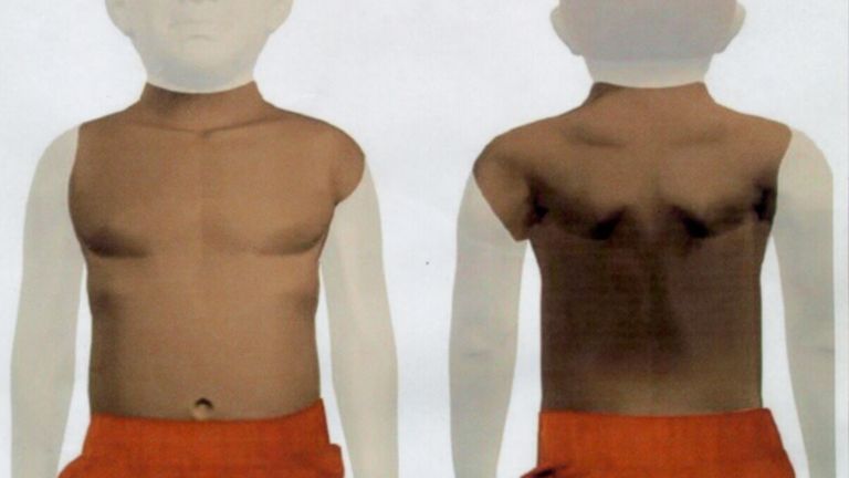 Police handout picture. Police investigating the death of a boy whose torso was found in the Thames - sparking fears he was the victim of a ritual killing - released a picture of the body. * The graphic of the five-year-old's severed torso was prepared by police computing experts in a bid to get more information about the boy, who has not been identified. 19/4/02: Former South african President Nelson Mandela was making an unprecedented worldwide appeal in an effort to identify the young boy. Th