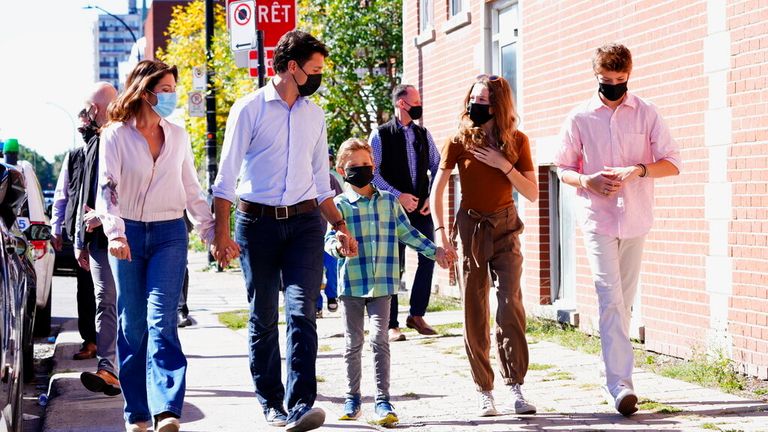 Justin Trudeau joined by wife Sophie Gregoire-Trudeau, and children, Xavier, Ella-Grace and Hadrien in Montreal