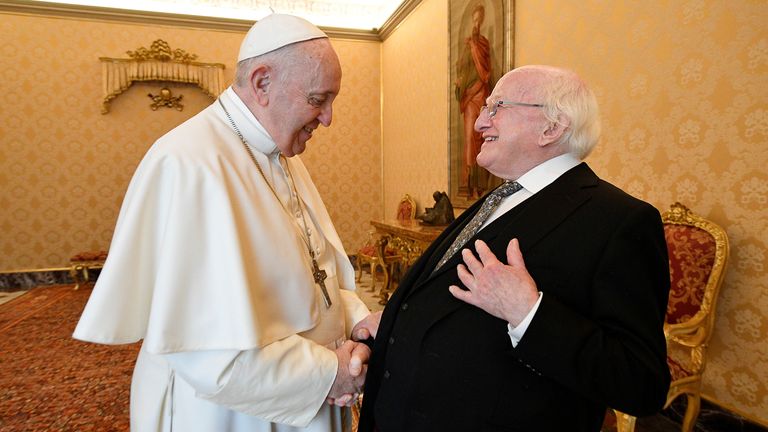 Pope Francis greets Irish President Michael Higgins during his visit to the Vatican September 17, 2021