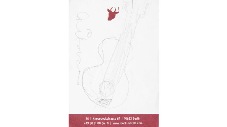 EMBARGOED TO 1400 WEDNESDAY SEPTEMBER 15 Undated handout photo issued by Julien&#39;s Auctions of a sketch in pencil on stationary from a Berlin hotel of a guitar by Amy Winehouse, which is expected to sell for ..860 when auctioned along with a collection of the late singer&#39;s personal items. Issue date: Wednesday September 15, 2021.