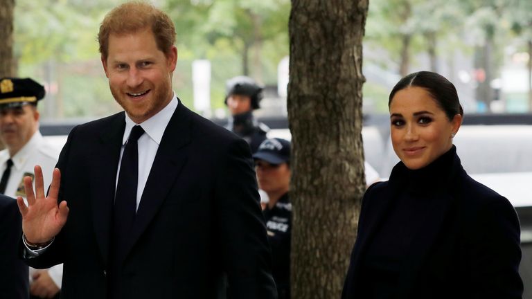 Britain&#39;s Prince Harry and Meghan, Duke and Duchess of Sussex, visit the 9/11 Memorial in Manhattan, New York City, U.S.,