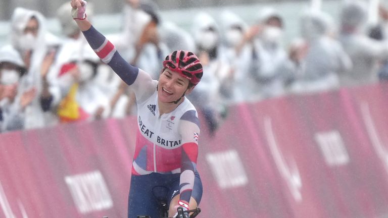 Great Britain&#39;s Sarah Storey celebrates winning the gold medal in the Women&#39;s C4-5 Road Race at the Fuji International Speedway during day nine of the Tokyo 2020 Paralympic Games in Japan
