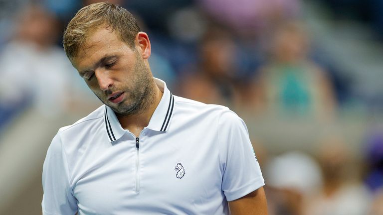 Dan Evans of Great Britain reacts against Daniil Medvedev of Russia during his Men’s Singles round of 16 match on Day Seven at USTA Billie Jean King National Tennis Center on September 05, 2021 in New York City. (Photo by Sarah Stier/Getty Images)