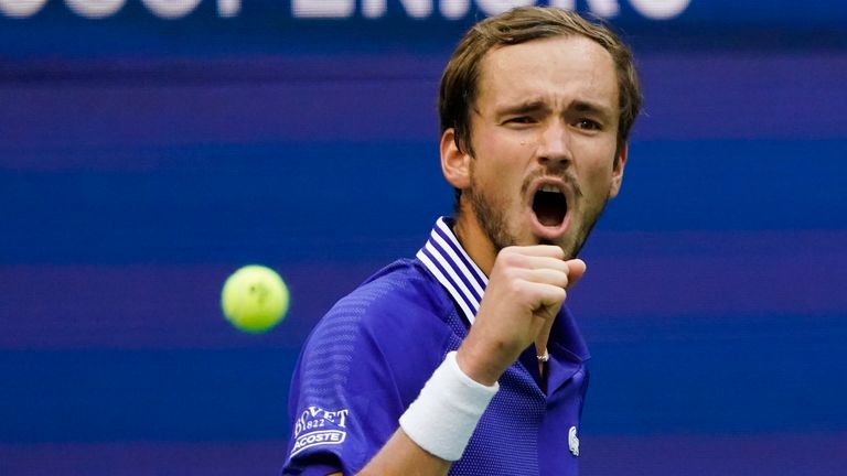 Daniil Medvedev, of Russia, reacts after scoring a point against Felix Auger-Aliassime, of Canada, during the semifinals of the US Open tennis championships, Friday, Sept. 10, 2021, in New York. (AP Photo/Seth Wenig) 