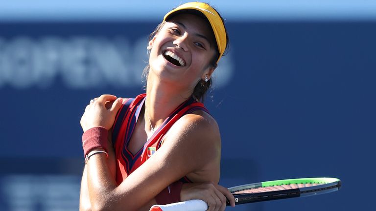 Emma Raducanu reacts to winning a Women&#39;s Singles match at the 2021 US Open, Saturday, Sep. 4, 2021 in Flushing, NY. (Brad Penner/USTA via AP)
