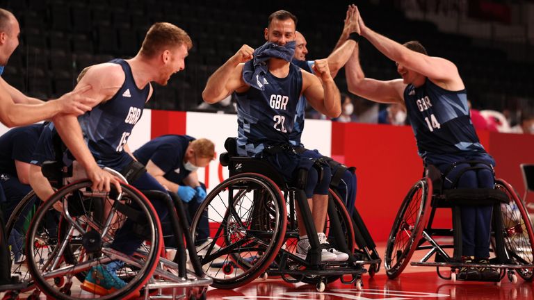 Getty: Britain&#39;s wheelchair basketball team celebrate making the podium