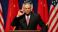 FILE PHOTO: U.S. Secretary of State Colin Powell listens to a question during a news conference in Beijing October 25, 2004.  