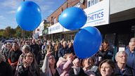Shopkeepers and local residents release balloons as they gather to observe a two-minute silence in memory of MP Sir David Amess in Eastwood Road North in Leigh-on-Sea, Essex. Ali Harbi Ali is appearing in the dock at the Old Bailey in London charged with the terrorism-related murder of the Southend West MP. Picture date: Friday October 22, 2021.
