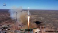 The Soyuz MS-19 mission blasts off to the International Space Station (ISS) from the launchpad at the Baikonur Cosmodrome, Kazakhstan. Pic: Roscosmos/Handout via REUTERS