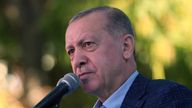 Turkish President Tayyip Erdogan addresses his supporters in Eskisehir, Turkey, October 23, 2021. Murat Cetinmuhurdar/PPO/Handout via REUTERS THIS IMAGE HAS BEEN SUPPLIED BY A THIRD PARTY. NO RESALES. NO ARCHIVES  