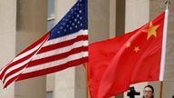 FILE PHOTO: U.S. and Chinese flags are seen before a meeting between senior defence officials from both countries at the Pentagon in Arlington, Virginia, U.S., November 9, 2018. REUTERS/Yuri Gripas/File Photo  