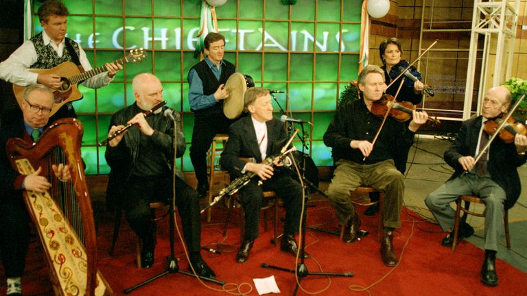 The innovative Irish band the Chieftains perform March 12, 1999 at CBS studios in New York during taping for CBS&#39; Saturday Morning show. From left are Dereck Bell, Gabriel Donohue, Matt Molloy, Kevin CoConneff, Paddy Moloney, Sean Kean, Eileen Ivers and Martin Fay. Ivers is a guest performer with the band. (AP Photo/Kim Garnick)