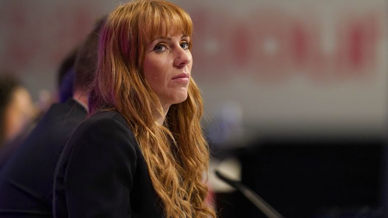 Labour deputy leader Angela Rayner listening to speakers on the main stage during the Labour Party conference at the Brighton Centre. Picture date: Tuesday September 28, 2021.
