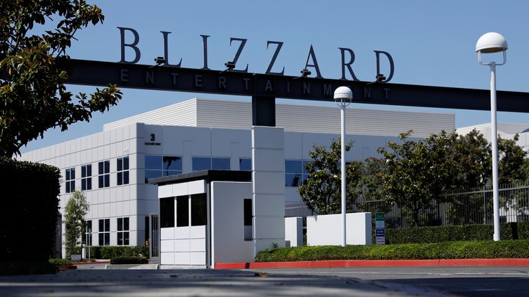 Entrance to Activision Blizzard Inc. Campus on display in Irvine, California, USA on August 6, 2019.REUTERS/Mike Black