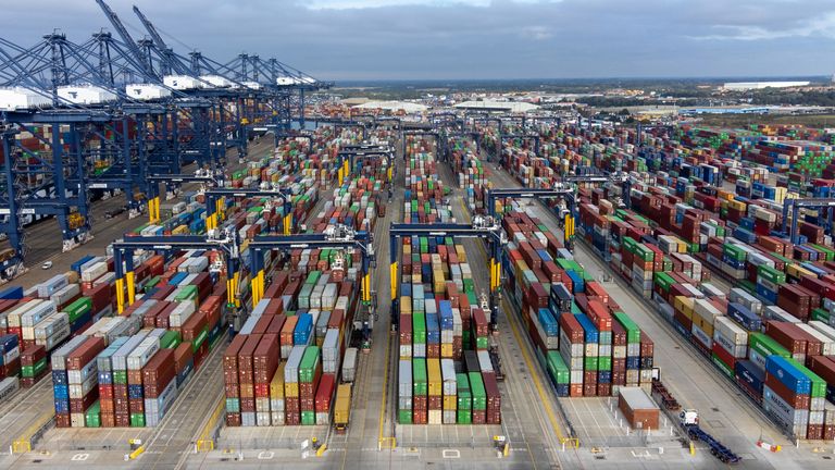 Thousands of shipping containers at the Port of Felixstowe in Suffolk, as shipping giant Maersk has said it is diverting vessels away from UK ports to unload elsewhere in Europe because of a build-up of cargo. Picture date: Wednesday October 13, 2021.

