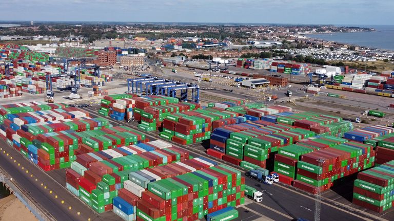 A view shows stacked shipping containers at the port of Felixstowe, Britain, October 13, 2021. Picture taken with a drone. REUTERS/Hannah McKay

