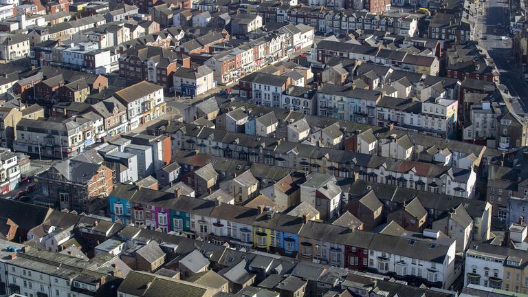 A general view from Blackpool Tower of terraced houses in Blackpool, Lancashire. Picture date: Tuesday March 16, 2021.