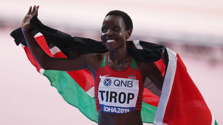 Agnes Tirop following her bronze medal finish in the 10,000m in Doha in 2019