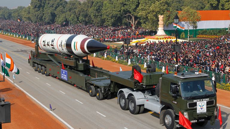 An Agni V missile at a Republic Day parade in New Delhi in  2013