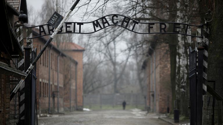 The "Arbeit macht frei" (Work sets you free) gate is pictured on the site of the former Nazi German concentration camp Auschwitz
