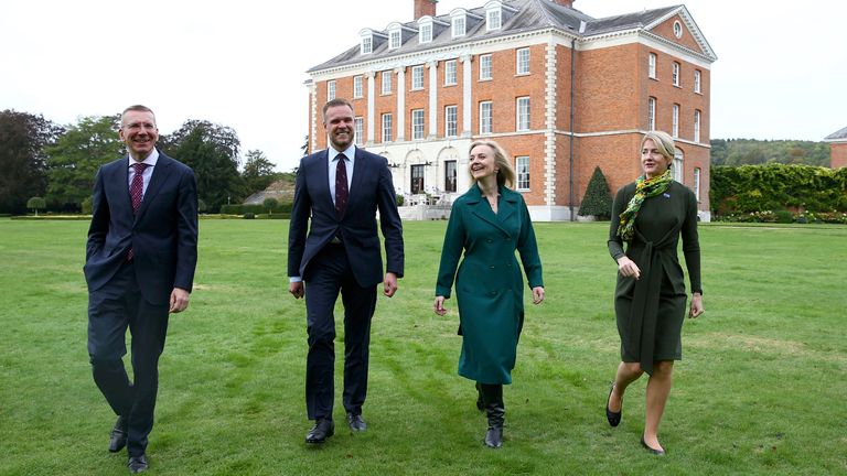 Foreign Secretary Liz Truss meets with the three Baltic Foreign Ministers Edgars Rinkvis (left), Minister of Foreign Affairs of Latvia, Gabrielius Landsbergis, Minister of Foreign Affairs of the Republic of Lithuania and Eva-Maria Liimets (right), Minister of Foreign Affairs of the Republic of Estonia at Chevening House in Kent. Picture date: Monday October 11, 2021. PA Photo. See PA story POLITICS Baltic. Photo credit should read: Hollie Adams/PA Wire