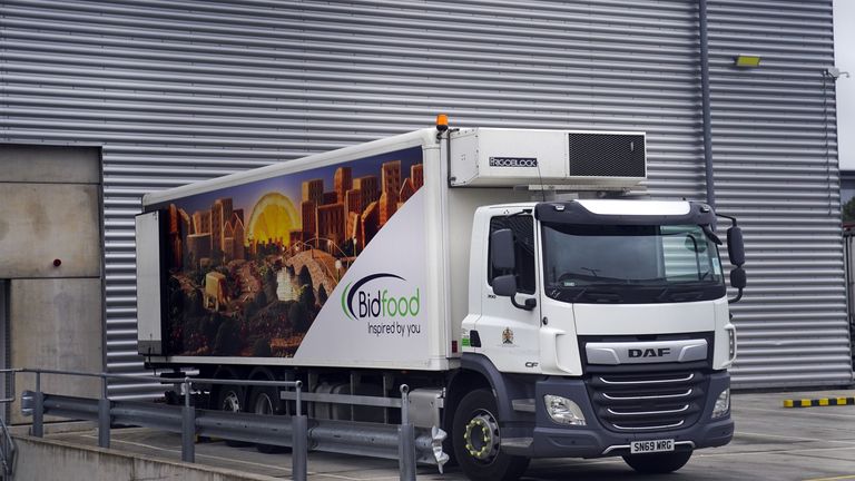 A BidFood lorry, as the company placed an advert for lorry drivers outside their warehouse in Slough, Berkshire. BidFood, one of the UK&#39;s largest food wholesalers, which delivers to schools, told ITV News they are experiencing "significant pressures across the supply chain, including shortages from manufacturers and challenges with HGV driver recruitment, which in turn is impacting our ability to deliver our usual levels of service out of a portion of our depots". Picture date: Friday October 8,