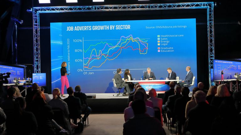 Sky&#39;s Helen-Ann Smith presents data showing a snapshot of the UK&#39;s economic recovery at the Big Ideas Live event in Rotherham 13/10/21