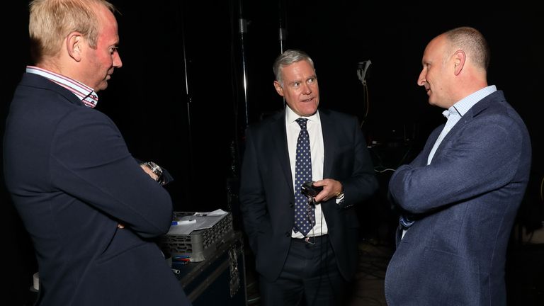 Sky&#39;s business presenter Ian King (centre) with Punch Pubs chief executive Clive Chesser (r) and comms director Jon Dale (r) at Sky&#39;s Big Ideas Live event in Rotherham 12/10/21