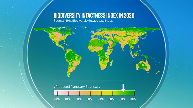 The global average for biodiversity intactness of 75% is well below the safe threshold of 90%, which would allow ecosystems to absorb shocks rather than being tipped over into breakdown