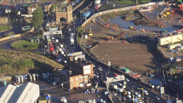 Insulate Britain  cause traffic chaos as they block Blackwall Tunnel
PIC: Sky Grab