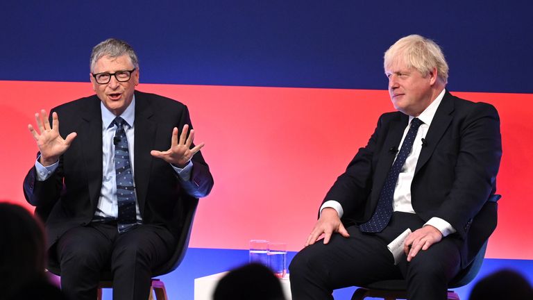 Prime Minister Boris Johnson (right) appears on stage in conversation with American Businessman Bill Gates during the Global Investment Summit at the Science Museum, London. Picture date: Tuesday October 19, 2021.