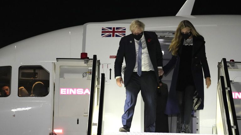 Prime Minister Boris Johnson and his wife Carrie arrive at Rome&#39;s Fiumicino Airport ahead of the G20 summit in Rome, Italy. Picture date: Sunday October 31, 2021.