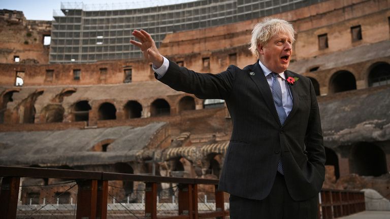 Prime Minister Boris Johnson visits the Colosseum during the G20 summit in Rome, Italy.  Photo date: Saturday October 30, 2021. PA Photo.  See the story of the G20 POLITICAL PA.  Photo credit should read: Jeff J Mitchell / PA Wire 