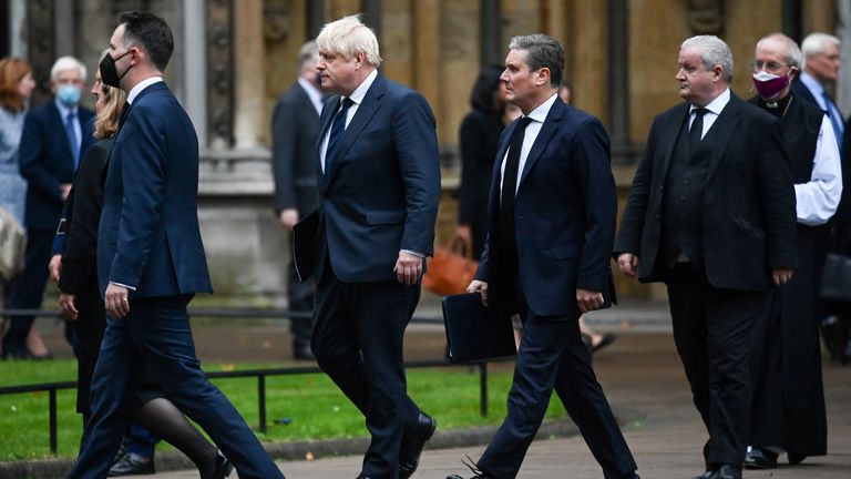 Britain&#39;s Prime Minister Boris Johnson and Labour Party leader Keir Starmer arrive at St Margaret‘s Church to attend a service of remembrance for the murdered British MP David Amess, in Westminster, London, Britain October 18, 2021. REUTERS/Toby Melville
