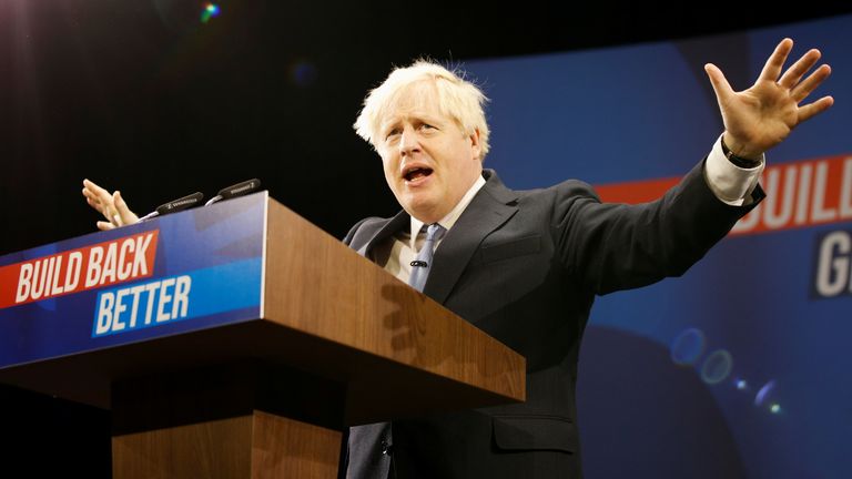 Britain&#39;s Prime Minister Boris Johnson delivers a speech during the annual Conservative Party Conference, in Manchester, Britain, October 6, 2021. REUTERS/Phil Noble