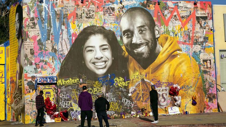 Kobe Bryant memorial mural at Sparadise La Brea at 1251 St. La Brea Ave., Sunday, Feb 16, 2020, in Los Angeles. The mural, created street artist Thierry Guetta aka Mr. Brainwash, showcases Bryant and his daughter Gigi Bryant