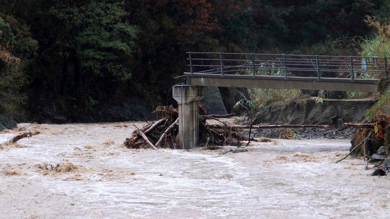 A bridge in Quiliano, near Savona in Northern Italy, collapsed after heavy rains in the region, Monday, Oct. 4, 2021. Heavy rain battered Liguria, the northwest region of Italy bordering France, causing flooding and mudslides on Monday in several places. No casualties were reported. The hardest-hit city was Savona, on the Ligurian Sea coast. But towns in the region’s hilly interior also suffered flooding and landslides, as some streams overflowed their banks. 
PIC:AP