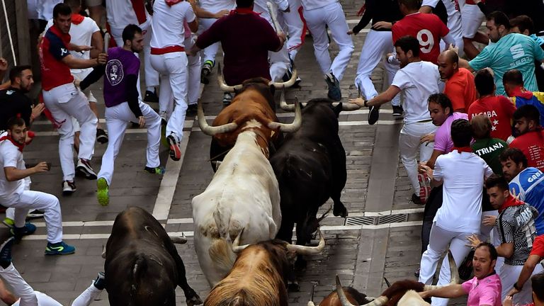 Running of the bulls at the San Fermin Festival, in Pamplona, northern Spain, in 2019. Pic: AP