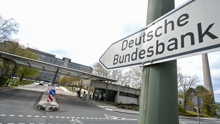 19 April 2021, Hessen, Frankfurt/Main: A signpost with the words "Deutsche Bundesbank" stands outside the main gate of the Bundesbank&#39;s headquarters in Frankfurt am Main. Pic: AP