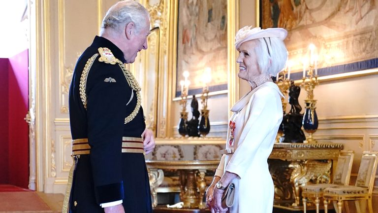Mary Berry is made a Dame Commander by the Prince of Wales for a lifetime of cooking, writing and baking during an investiture ceremony at Windsor Castle. Picture date: Wednesday October 20, 2021.
