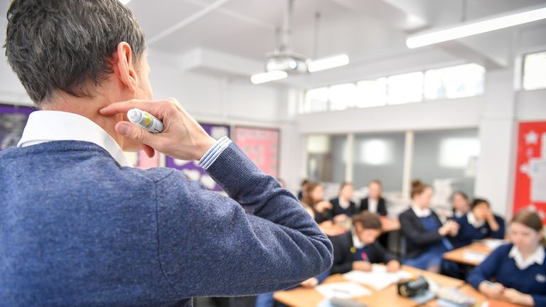 A teacher in a maths class at Royal High School Bath, which is a day and boarding school for girls aged 3-18 and also part of The Girls&#39; Day School Trust, the leading network of independent girls&#39; schools in the UK.