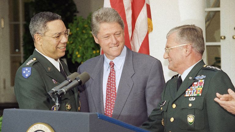 Chairman of the Joint Chiefs Gen. Colin Powell, left, congratulates his replacement, Army Gen. John Shalikashvili as President Bill Clinton looks on during a White House ceremony in Washington, Aug. 11, 1993 to announce the succession. Powell is retiring in September. (AP Photo/Doug Mills)
PIC:AP

