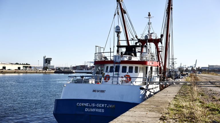 A British trawler Cornelis Gert Jan is seen moored in the port of Le Havre after France seized on Thursday a British trawler fishing in its territorial waters without a licence, in Le Havre, France, October 28, 2021. REUTERS/Sarah Meyssonnier
